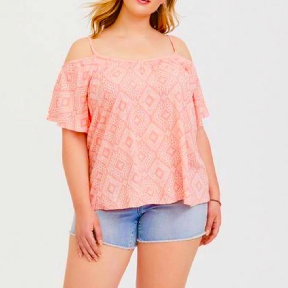 Torrid Coral Textured Woven Geometric Aztec Boho Cold‎ Shoulder Top 3X